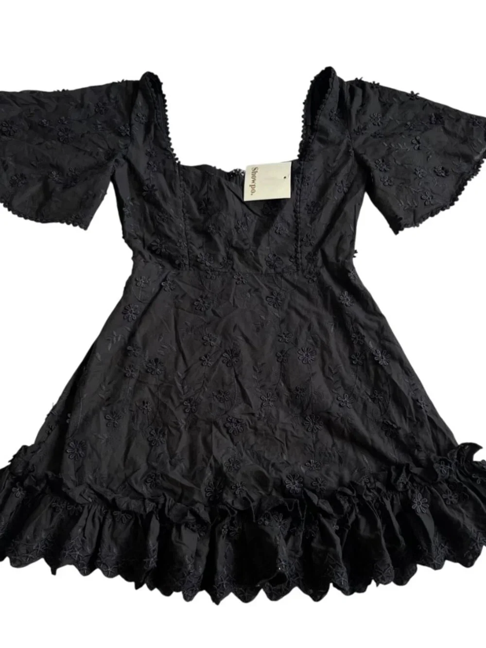 Showpo dress Fancy A Spritz Mini Square Neck Black Embroidery size 4 short - Picture 1 of 4